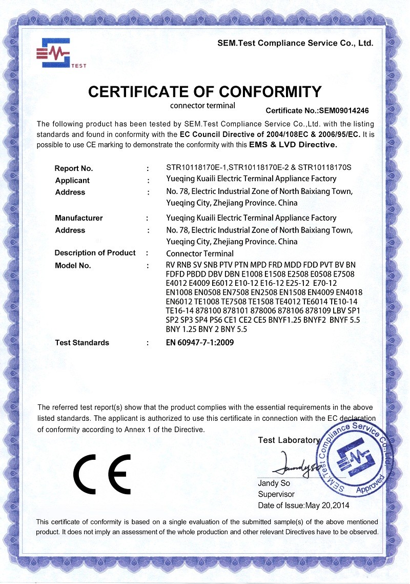 China Yueqing Kuaili Electric Terminal Appliance Factory Certificaten